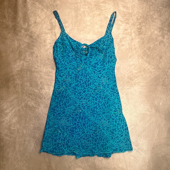 Vintage Y2K Tropical Tantrum Floral Leaf Print Beaded Sequin Mini Dress Blue - Picture 8 of 12